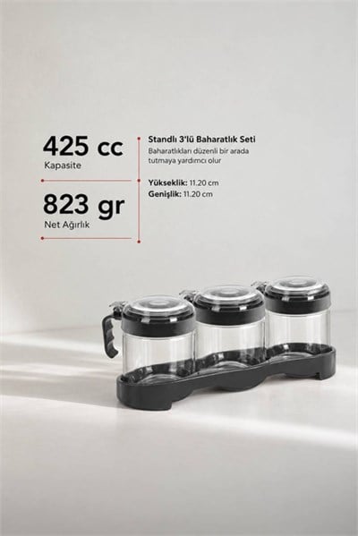 Standlı 3lü Cam Baharatlık Seti 425 cc