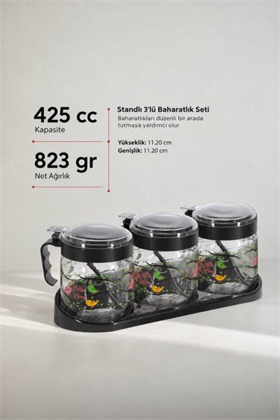 Standlı 3’lü Desenli Cam Baharatlık Seti 415 cc