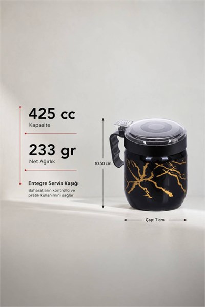 Siyah Gold Desenli Kaşıklı Cam Baharatlık 425 cc