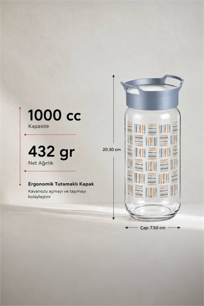 Sarina Desenli Kulplu Cam Kavanoz 1000 cc