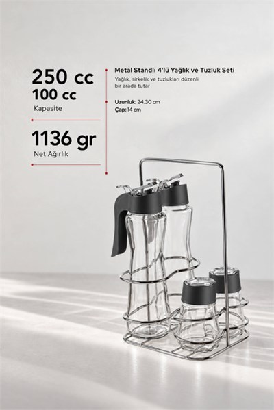 Sarina Metal Standlı 4’lü Yağlık, Sirkelik ve Tuzluk Seti