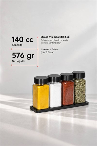 4lü Standlı Cam Baharatlık Seti 140 cc