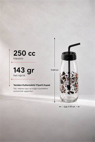 Sarina İnek Desenli Pipetli Cam Süt Şişesi 500 cc