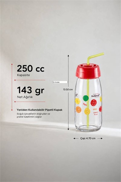 Sarina Desenli Pipetli Cam Meyve Suyu ve İçecek Şişesi 250 cc