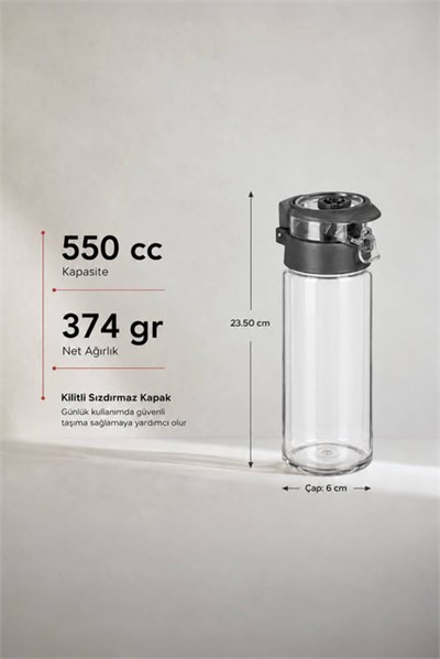 Sarina Kilitli Kapaklı Cam Su Matarası 550 cc