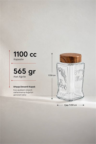 Gravür Desenli Ahşap Kapaklı Cam Kavanoz 1100 cc