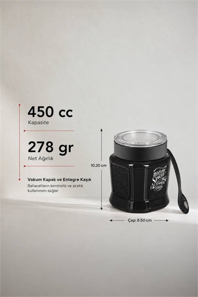  Vakum Kapaklı Gravürlü Cam Baharatlık 450 cc 