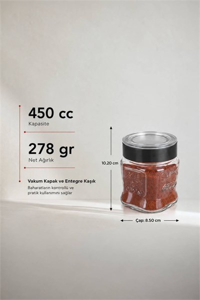  Vakum Kapaklı Gravürlü Cam Baharatlık 450 cc 