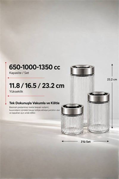 3lü Premium Airtight Diamond Cam Saklama Kavanozu Seti (650-1000-1350 cc)