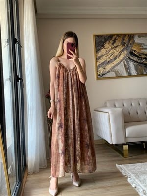 Etnik Desen Askılı Şifon Elbise