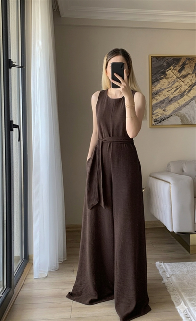 Kuşaklı Şık Kahverengi Tulum