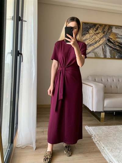 Yan Bağlamalı Yırtmaçlı Bordo Modal Elbise