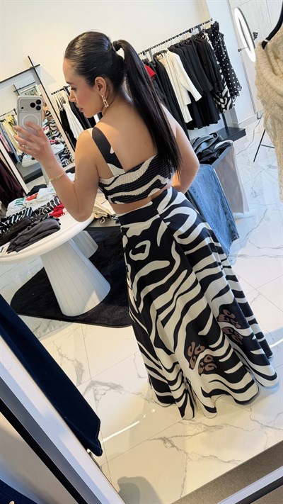 Desenli  Askılı Crop Etek Takım 