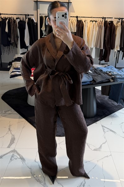 KİMONO KUŞAKLI TAKIM KAHVERENGİ