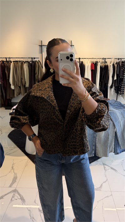 Leopar Desen Kapüşonlu Ceket