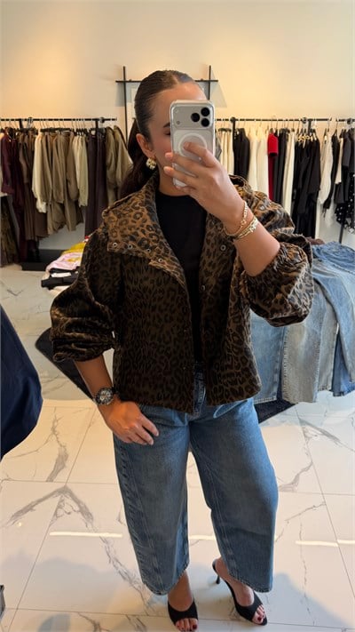 Leopar Desen Kapüşonlu Ceket