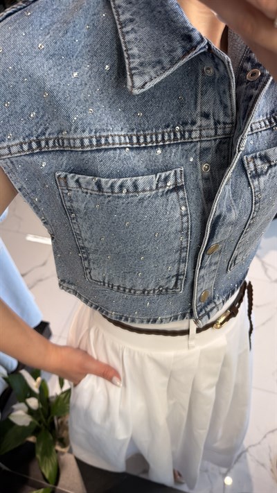 Serpme Taş Kısa Denim Yelek 