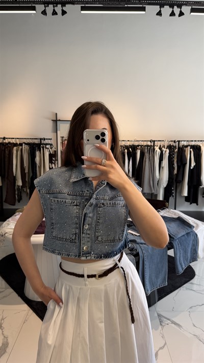 Serpme Taş Kısa Denim Yelek 