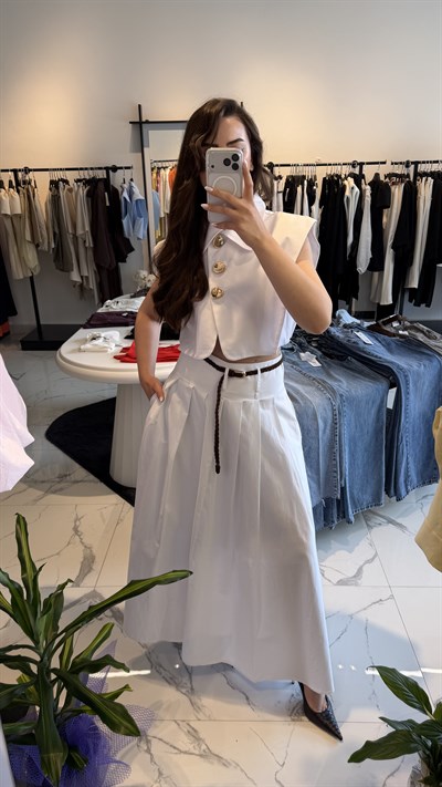 Süet Kemerli Pileli Maxi Poplin Etek 