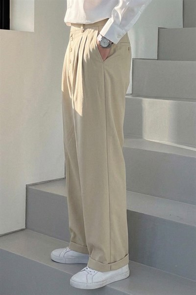 Baggy Paraşüt Kumaş İlikli Pantolon Krem