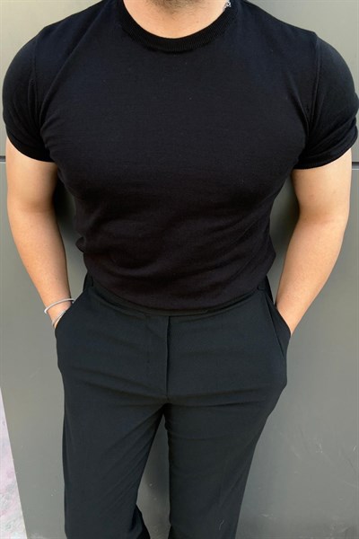 Basic Pamuk Kumaş Bisiklet Yaka Triko Tshirt Siyah