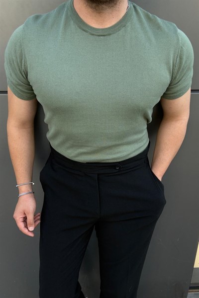 Basic Pamuk Kumaş Bisiklet Yaka Triko Tshirt Yeşil