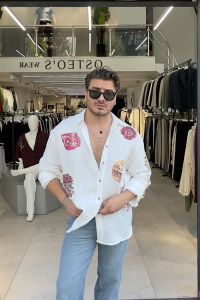 Baskı Desenli Müslin Oversize Gömlek Beyaz