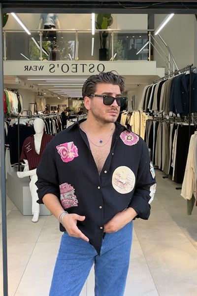 Baskı Desenli Müslin Oversize Gömlek Siyah