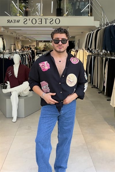 Baskı Desenli Müslin Oversize Gömlek Siyah
