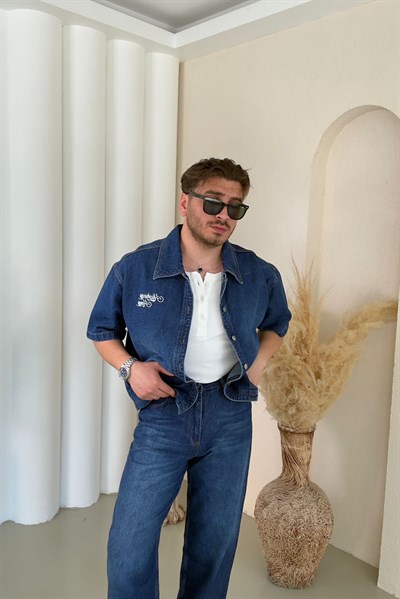 Baskılı Crop Kesip Kot Gömlek Mavi