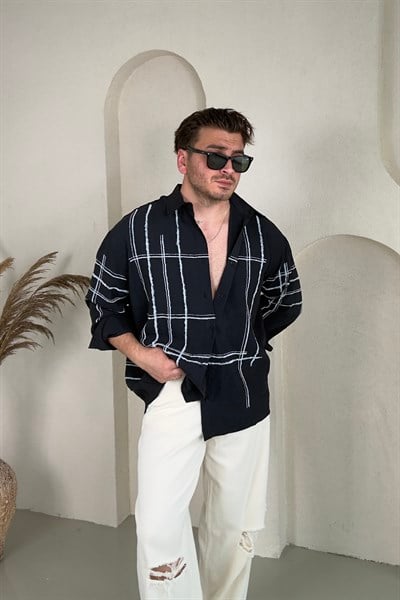 Çizgi Desenli Oversize Tensel Gömlek Siyah