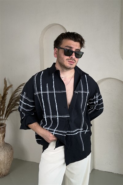 Çizgi Desenli Oversize Tensel Gömlek Siyah