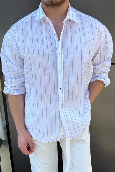 Çizgili Basic Oversize Gömlek Beyaz-Siyah