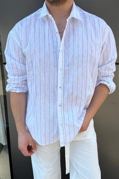 Çizgili Basic Oversize Gömlek Beyaz-Siyah