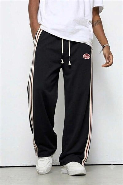 Çizgili Baskılı Baggy Eşofman Siyah