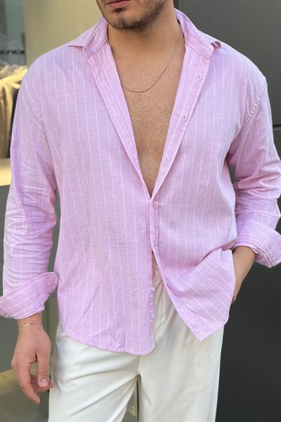 Çizgili Keten Karışımlı Oversize Gömlek Pembe