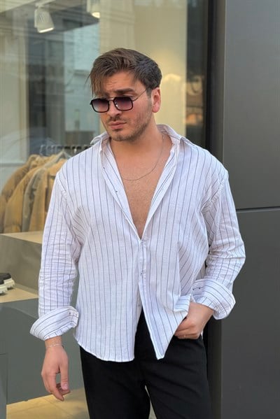 Çizgili Keten Karışımlı Oversize Gömlek Beyaz-Siyah