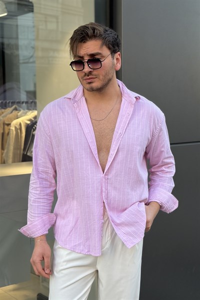 Çizgili Keten Karışımlı Oversize Gömlek Pembe