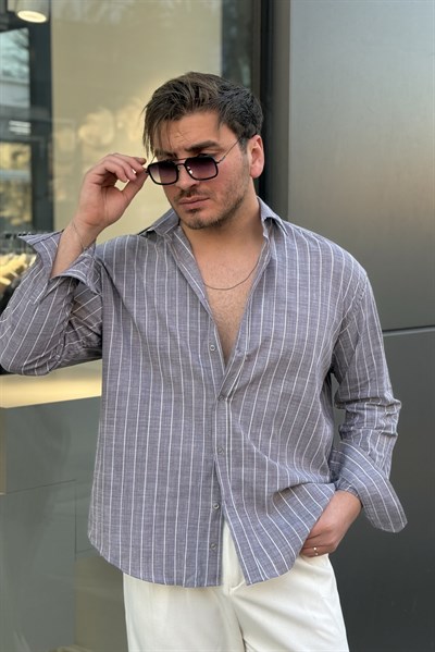 Çizgili Keten Karışımlı Oversize Gömlek Gri
