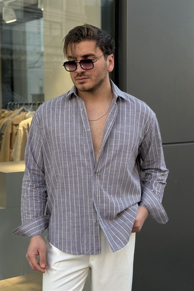 Çizgili Keten Karışımlı Oversize Gömlek Gri