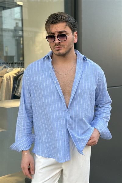 Çizgili Keten Karışımlı Oversize Gömlek Bebe Mavisi