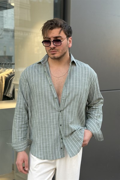 Çizgili Keten Karışımlı Oversize Gömlek Yeşil