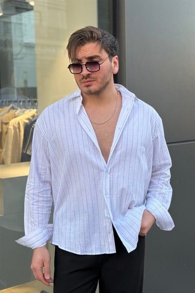 Çizgili Keten Karışımlı Oversize Gömlek Beyaz-Mavi