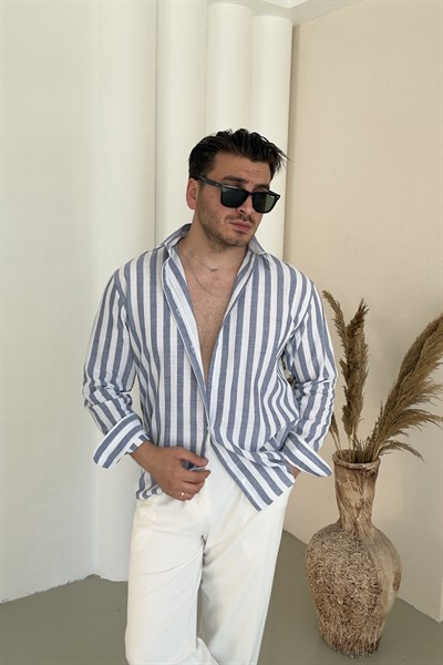 Çizgili Keten Oversize Gömlek Füme