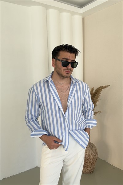 Çizgili Keten Oversize Gömlek Mavi