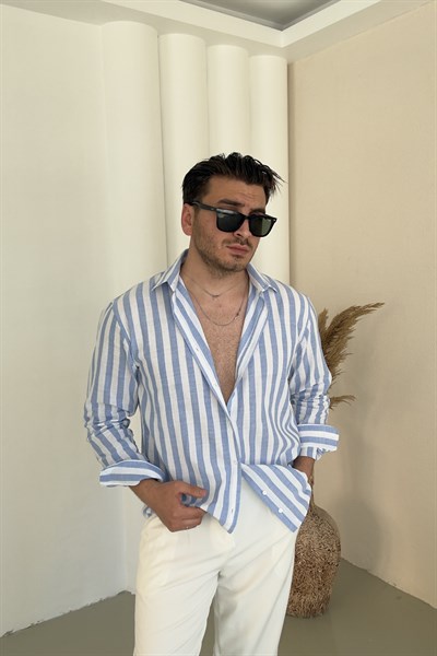 Çizgili Keten Oversize Gömlek Mavi