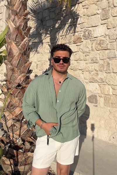 Çizgili Mono Oversize Gömlek Haki