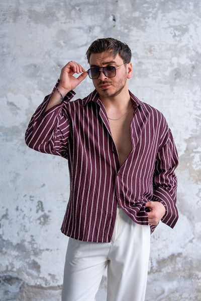 Çizgili Oversize Gömlek Bordo