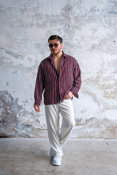 Çizgili Oversize Gömlek Bordo