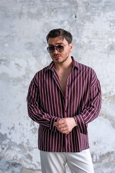 Çizgili Oversize Gömlek Bordo